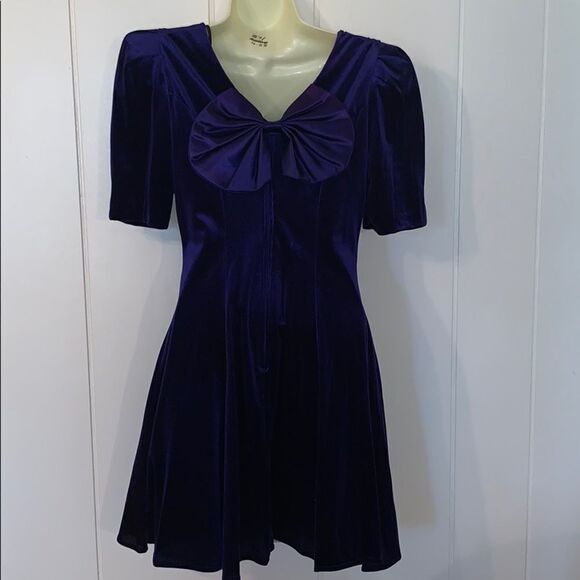 Vtg 80s/90s blue velvet  bow on back party dress - Picture 5 of 7